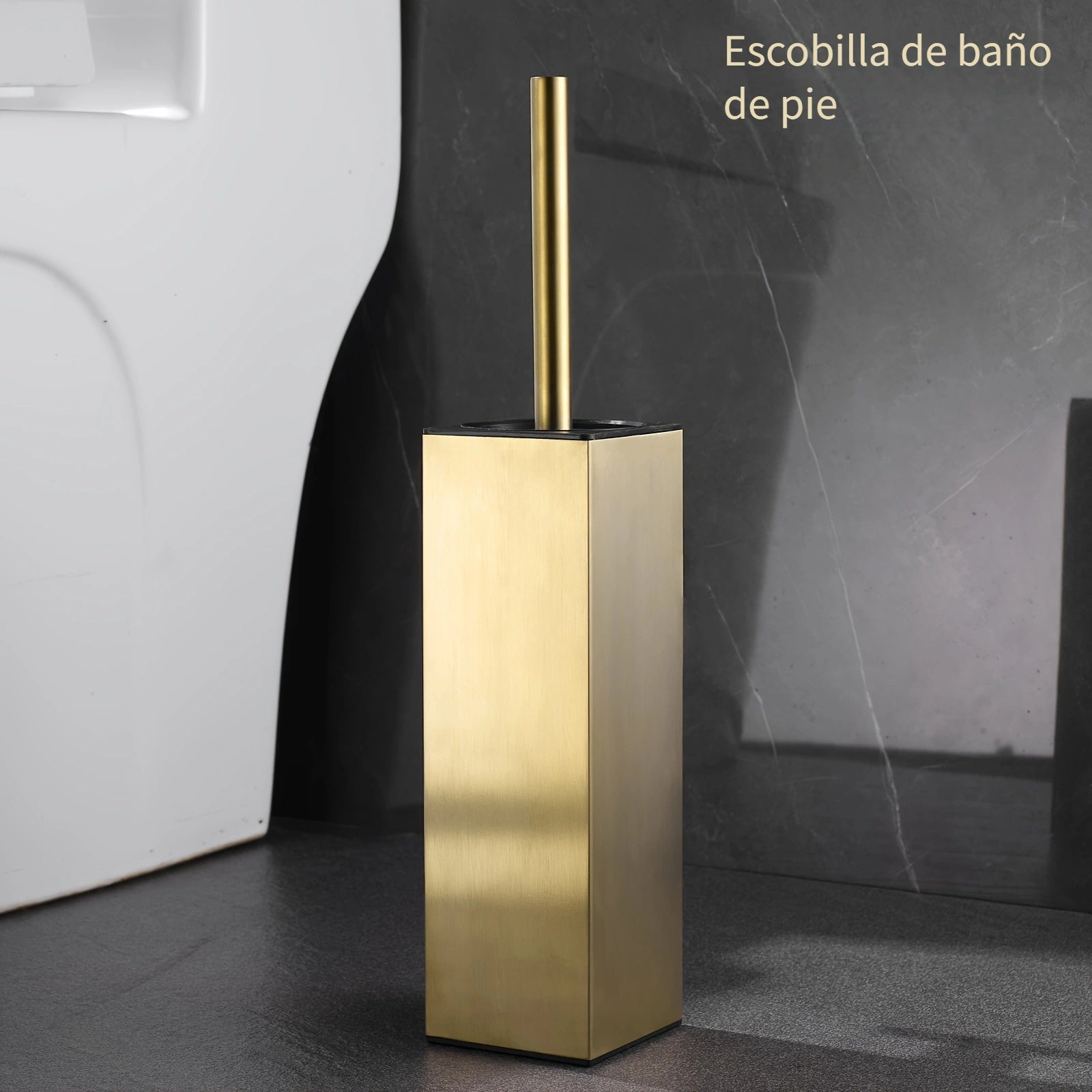 Juego de Escobilla de Inodoro de Acero Inoxidable en Tono Dorado Elegante con Mango Largo - Diseño Cuadrado sin Esquinas Muertas para Limpieza Profunda, Accesorio de Baño que Ahorra Espacio, Navidad, Halloween, Fácil de Montar, a Prueba de Goteo