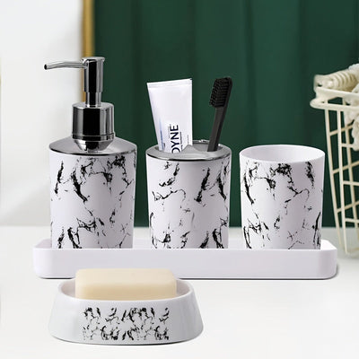 Juego de 5 piezas de accesorios de baño de mármol negro - Soporte de cepillo de dientes de plástico, dispensador de jabón, recipiente de jabón, tazas con bandeja
