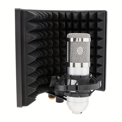 Escudo de Aislamiento de Micrófono Profesional de 3 Paneles con Espuma Absorbente de Alta Densidad - Plegable y Portátil para Podcasting y Grabación en Estudio, Negro