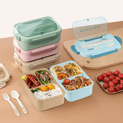 Lonchera Térmica de Rejilla con 3 Compartimentos y Calentamiento en Microondas, Caja Bento de Silicona Verde para la Escuela, Trabajo y Comidas al Aire Libre, Cubierta con Bloqueo de Seguridad, Solo Lavado a Mano, Material de Paja de Trigo, Forma Cuadrada