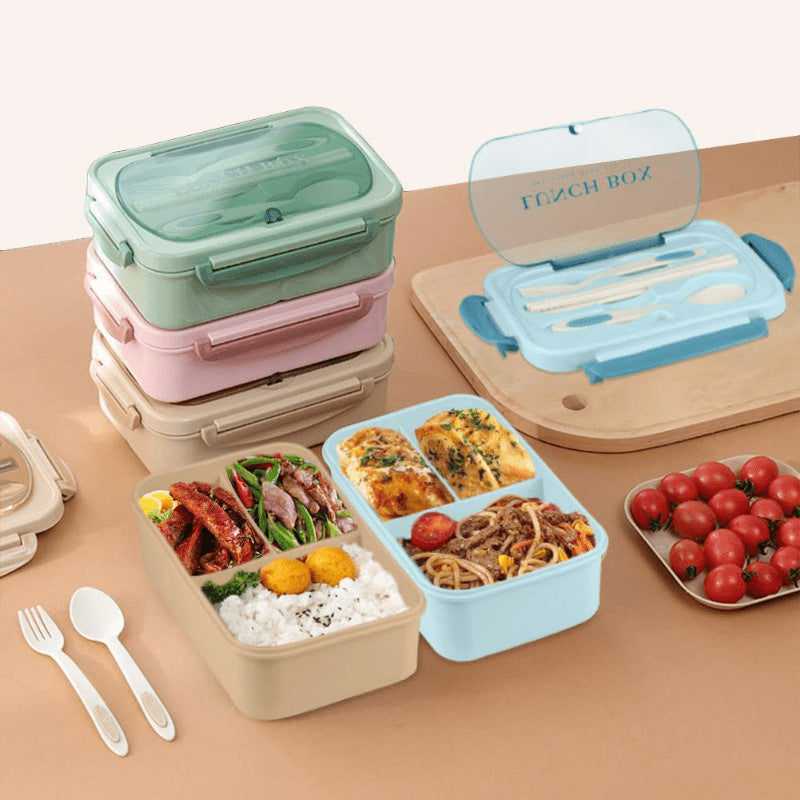 Lonchera Térmica de Rejilla con 3 Compartimentos y Calentamiento en Microondas, Caja Bento de Silicona Verde para la Escuela, Trabajo y Comidas al Aire Libre, Cubierta con Bloqueo de Seguridad, Solo Lavado a Mano, Material de Paja de Trigo, Forma Cuadrada