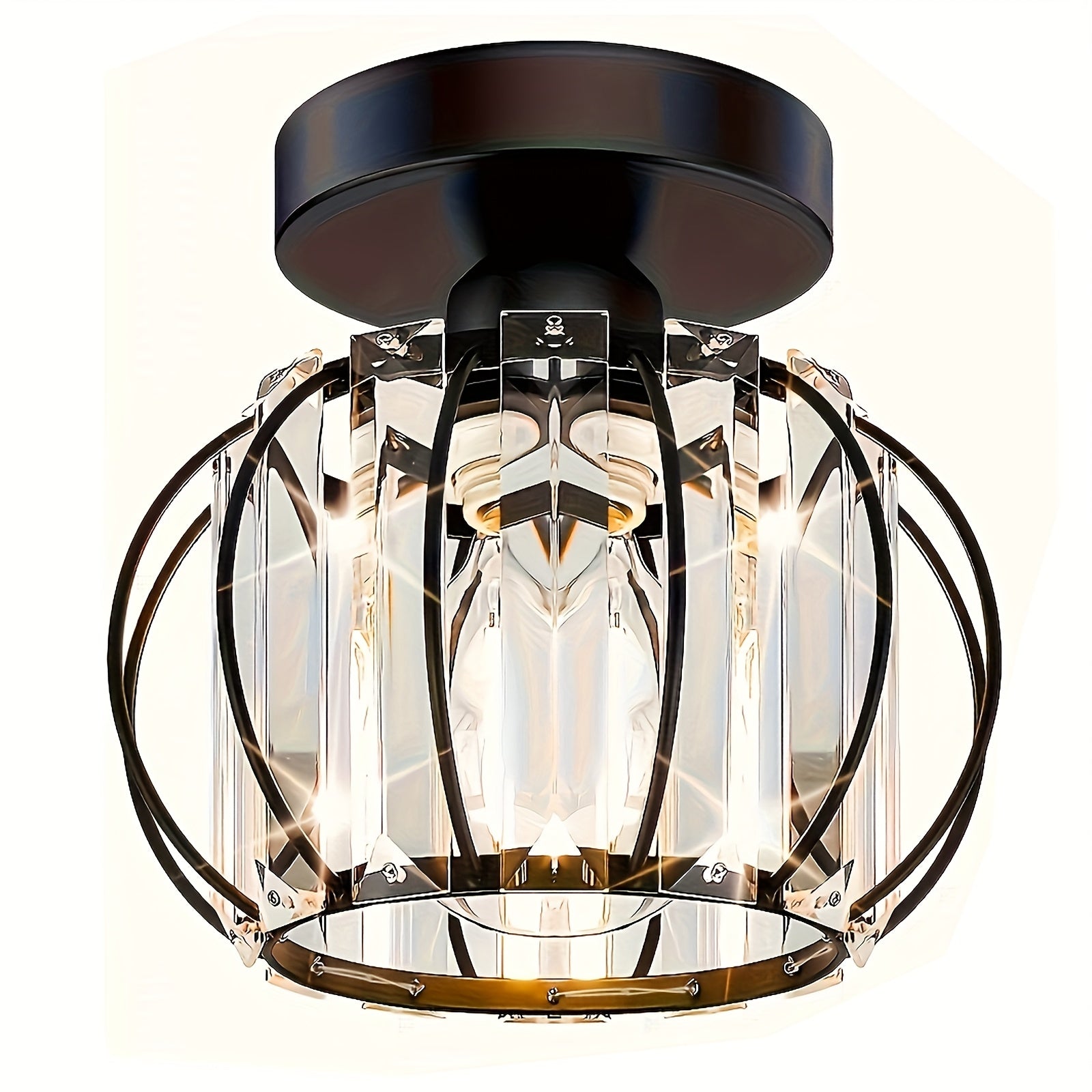 1 Lámpara de Techo Semi-Encajada Pequeña con Cristales, Luz de Jaula Metálica Estilo Granja para Iluminación Interior en Salón Pasillo Baño Entrada Cocina, Bombilla E26 No Incluida