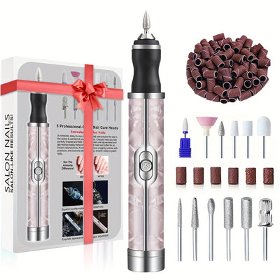 Juego de máquina de manicura con carga USB, 5 cabezales y 18 puntas de pulido, ajuste de velocidad hacia adelante y atrás en 4 niveles. Herramienta eléctrica portátil para pedicura y manicura, batería de litio duradera sin olor, incluye lima de uñas y em