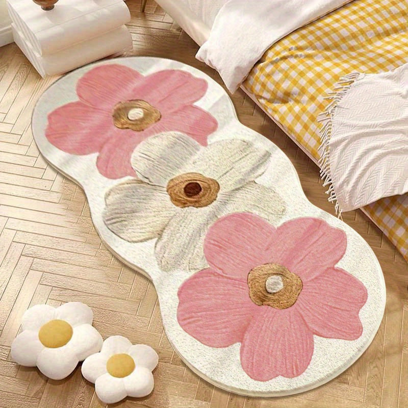 Alfombra floral francesa elegante para dormitorio - Felpa imitación cachemira, 1000g/m², 10mm de grosor, diseño de flores en rosa y crema, antideslizante y lavable a máquina, perfecta para decoración de sala o cabecera, alfombra decorativa para dormitori