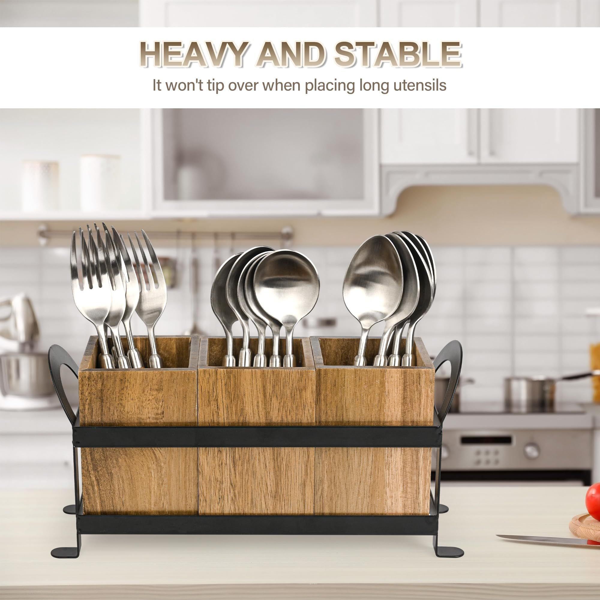 1pc Portaútiles, Bola de Utensilios Rústica con 3 Compartimentos, Organizador de Cocina para Encimera, Caja de Madera para Cubiertos, Tenedor, Cuchara y Espátula, Estilo Granja