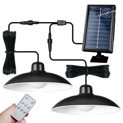 2 luces colgantes solares HeeyKeey con control remoto, 3 modos de iluminación y brillo ajustable, 2 focos LED con haz de 30°, cúpula negra de ABS para interior/exterior, patio, gazebo, cochera, sala, luces solares colgantes para exteriores, iluminación p