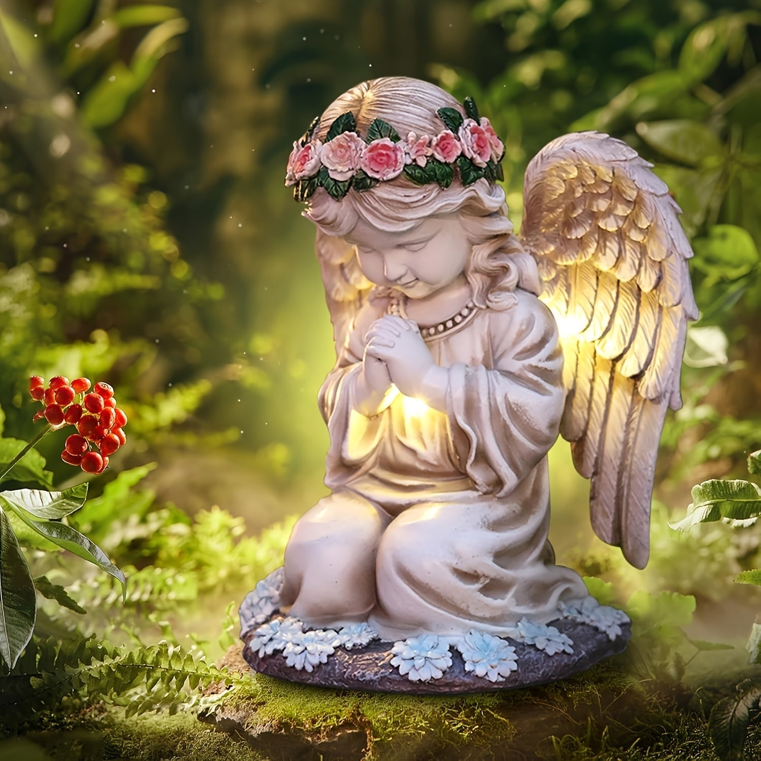 Estatuilla de Ángel Solar con Batería Integrada - Figura Coleccionable Temática de Dibujos Animados, Detalles Florales y Orbe Luminoso, Decoración Duradera para Interiores/Exteriores en Navidad, Halloween, Día de la Madre, San Valentín, Acción de Gracias