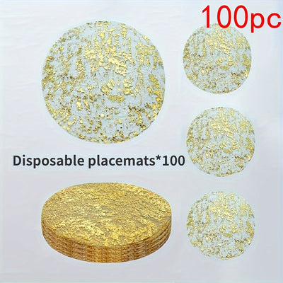 100pcs Manteles Desechables Elegantes con Lámina Dorada - Manteles Redondos de Poliéster Lujosos con Diseño de Malla Brillante para Bodas, Cumpleaños, Festividades - Ideales para Comedor y Decoración del Hogar, Manteles para Mesa de Comedor