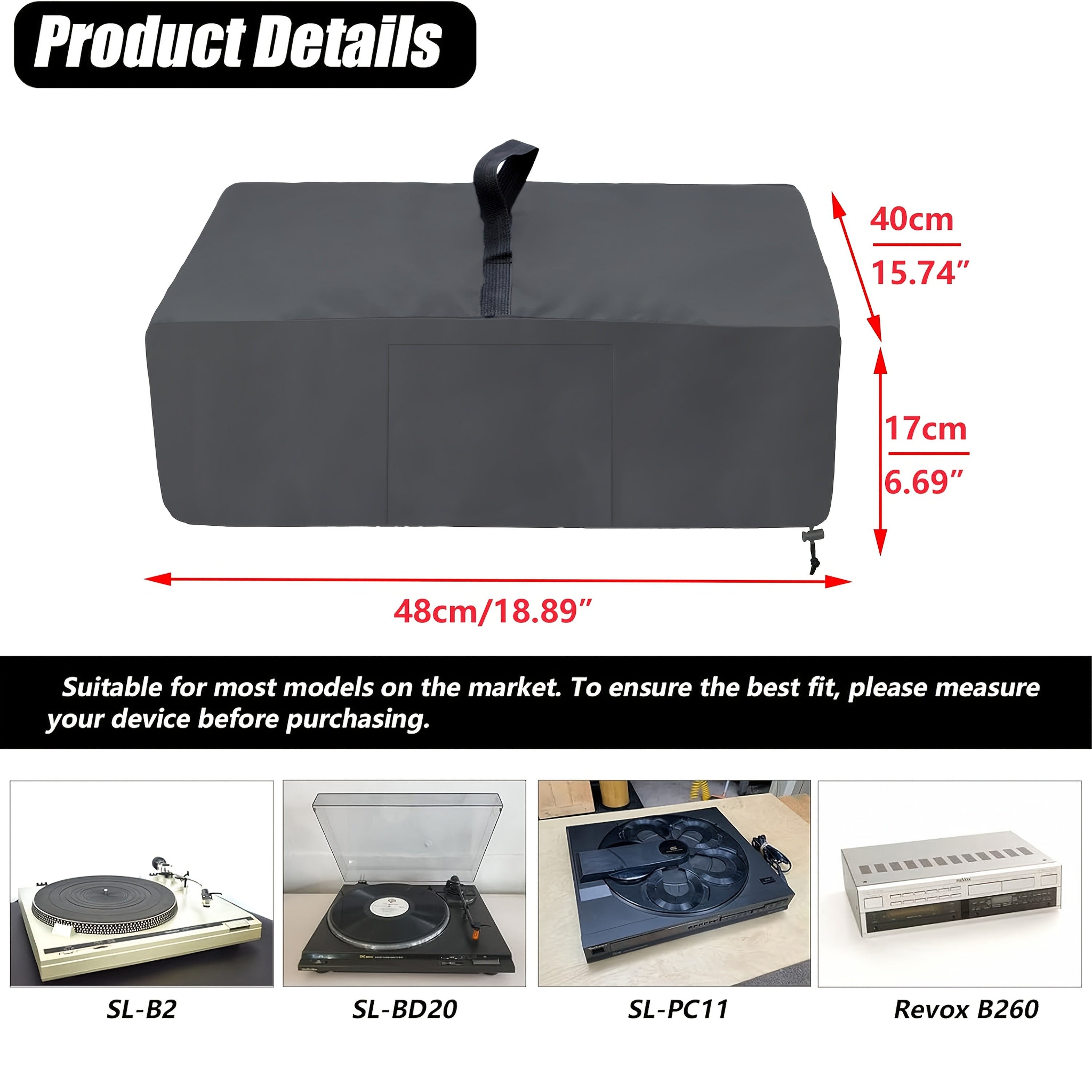 Funda de plato giratorio, nuevo protector de reproductor de vinilo negro, protector de alfombrilla para el hogar, adecuado para la mayoría de los modelos de reproductor de vinilo con asa y bolsillo (negro/gris)