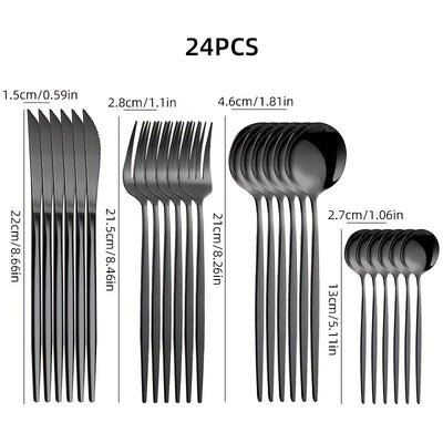 24 piezas Juego de cubiertos de acero inoxidable, juego de cubiertos aptos para lavavajillas con cuchillos, tenedores, cucharas, cucharaditas para el hogar, cocina, restaurante, fiesta, boda - Ideal para Navidad, Halloween, Pascua, Hanukkah, Acción de Gr