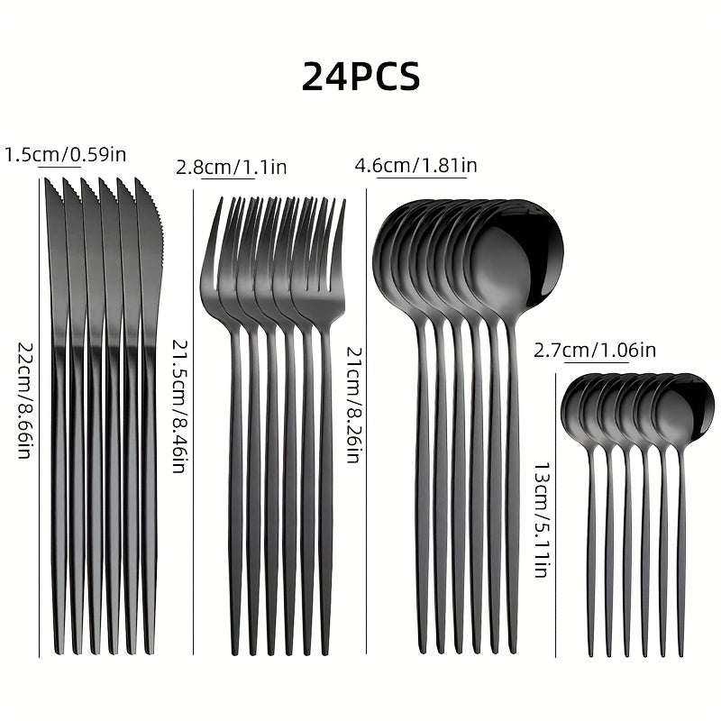 24 piezas Juego de cubiertos de acero inoxidable, juego de cubiertos aptos para lavavajillas con cuchillos, tenedores, cucharas, cucharaditas para el hogar, cocina, restaurante, fiesta, boda - Ideal para Navidad, Halloween, Pascua, Hanukkah, Acción de Gr