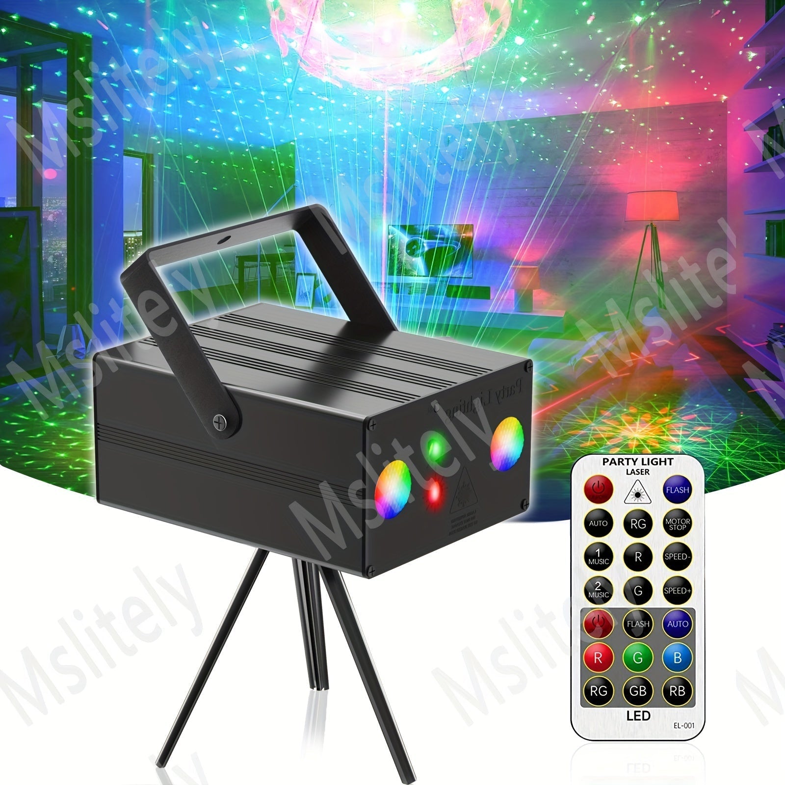 Proyector láser LED 2 en 1 de MSLITELY con espectáculo de luces coloridas - Portátil, alimentado por USB, luz láser de hierro negro para fiestas y eventos, iluminación de eventos | Luz láser colorida | Construcción duradera, proyector láser