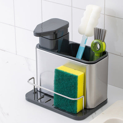 1 pieza, dispensador de jabón para fregadero de cocina de acero inoxidable con soporte para esponja, bandeja organizadora 3 en 1 para líquido de lavado de platos y esponjas, soporte de drenaje, almacenamiento de encimera para cepillos de limpieza y platos