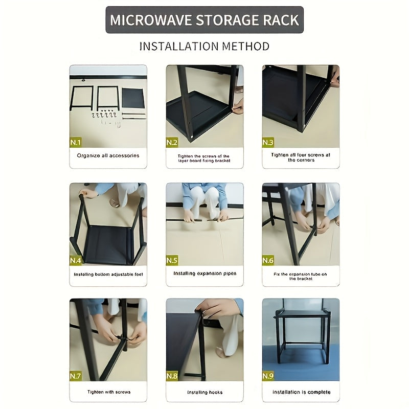 Carrito de cocina expansible de 2 niveles de acero inoxidable con 6 ganchos - Ideal para microondas, electrodomésticos y almacenamiento de especias - Perfecto para la organización de la cocina moderna, solución de almacenamiento de cocina | Carrito de co