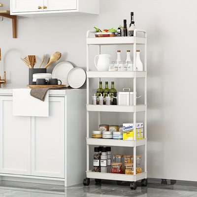 Un versátil carrito de almacenamiento de cinco niveles en blanco/negro, adecuado para organizar baños, refrigerios de cocina, almacenamiento de dormitorios y organización de juguetes, fácilmente movible y portátil.