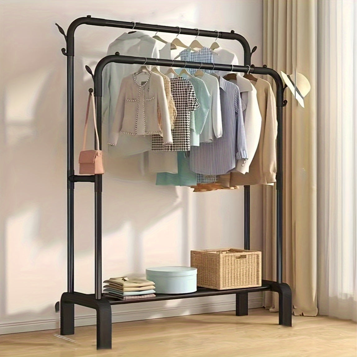 1 percha metálica moderna de 3 niveles, diseño ahorrador de espacio para dormitorio y balcón, ideal para colgar y organizar ropa, zapatos y bolsos, acabado lacado, organización de dormitorio | Percha metálica moderna | Acabado lacado, percha para ropa de