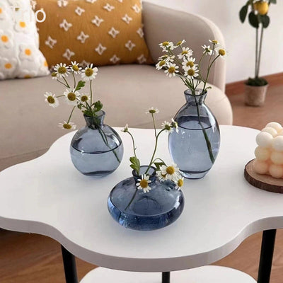 Conjunto de 3 jarrones de vidrio modernos, jarrón redondo decorativo transparente para hidroponía y flores secas, trío de pequeños jarrones de vidrio de lujo creativos, elegante exhibición para la mesa.
