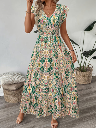Vestido midi elegante para mujer con estampado floral, cuello en V, ajustado, mangas cortas y dobladillo con volantes - Lavable a máquina, vestido lápiz para todas las estaciones, ocasiones casuales o formales, estilo versátil y femenino, material durade