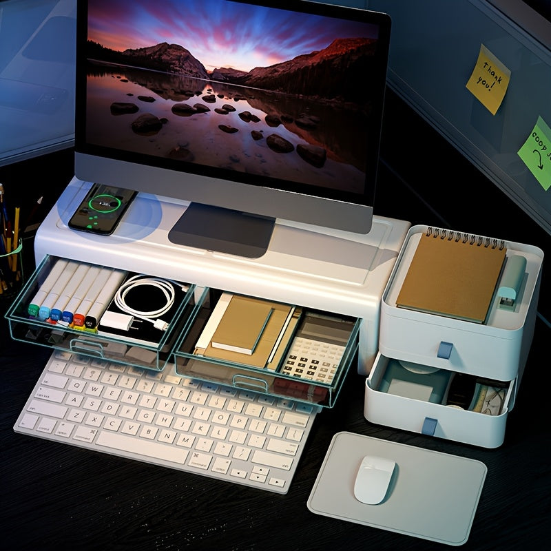 Soporte ergonómico grande para monitores con cajones - Organizador de escritorio telescópico ajustable para computadoras y portátiles, estilo clásico, material plástico, ideal para la organización del hogar y la oficina, almacenamiento de escritorio.