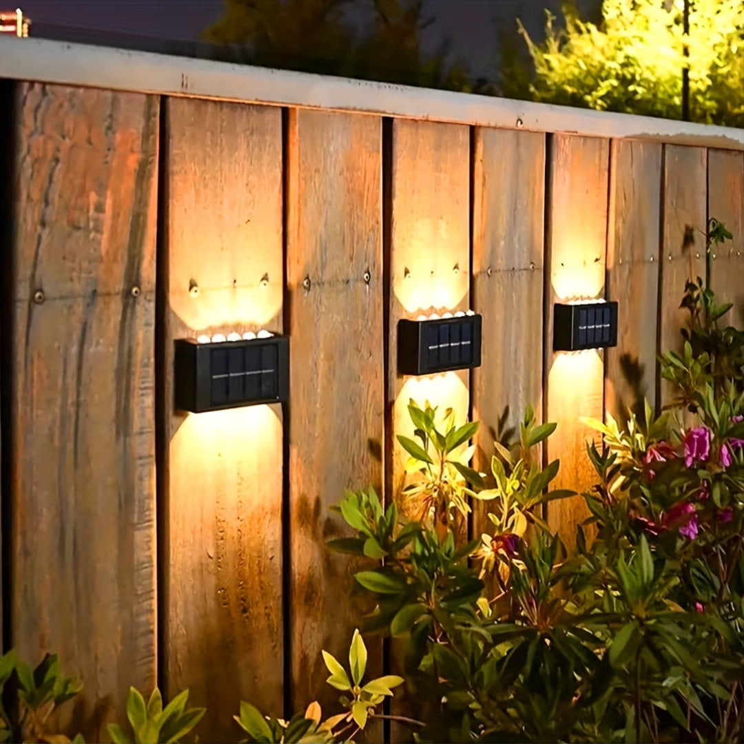 Juego de 3 luces solares para pared exterior, 10 LED arriba y abajo, carga solar, acabado cepillado eficiente, montaje semiempotrado en plástico, control con sensor de luz, batería recargable de níquel 600mAh, para iluminación de seguridad en cercas y ja