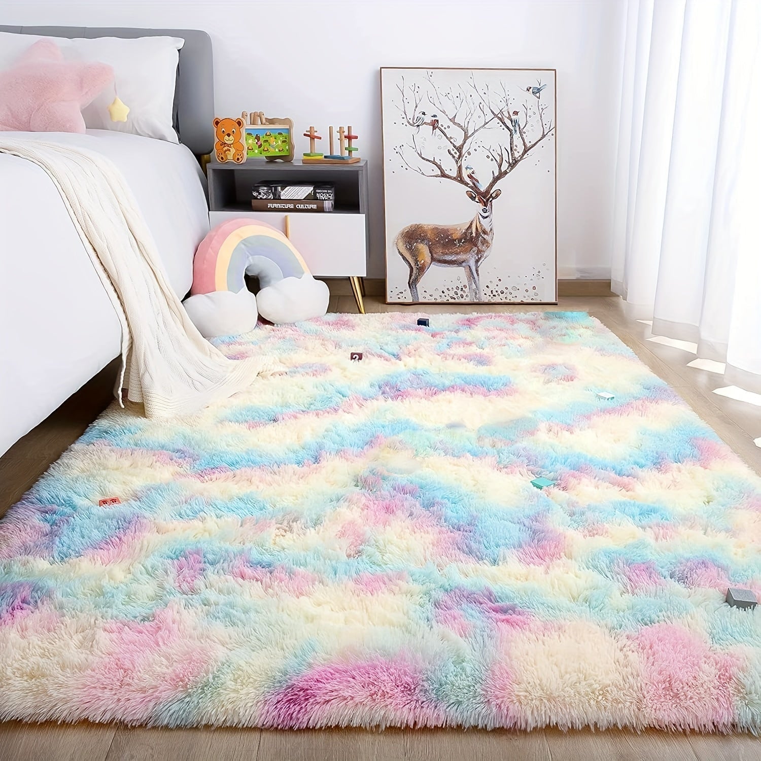 Alfombra de arcoíris con rayas y pelusa Xmwike - Mezcla de poliéster de alta pila tejida, ligera, resistente a la decoloración, alfombra rectangular para dormitorio, sala de estar - Solo lavado a mano, antideslizante