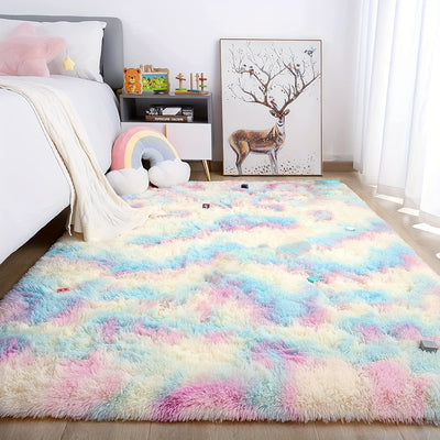 Alfombra de arcoíris con rayas y pelusa Xmwike - Mezcla de poliéster de alta pila tejida, ligera, resistente a la decoloración, alfombra rectangular para dormitorio, sala de estar - Solo lavado a mano, antideslizante
