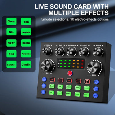 V8S Pro Interfaz de Voz con Efectos Coloridos - Alimentado por USB, Batería Recargable de 500mAh, Tarjetas de Sonido ABS Negras para Grabación de PC, Cantar, Simplificar y Juegos, Incluye Conector de Micrófono y Auriculares