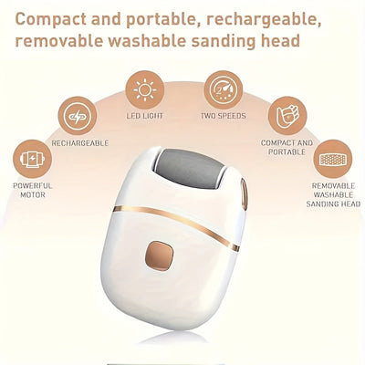 Lijadora de pies eléctrica recargable con luz LED, 3 cabezas de repuesto, carga USB, herramienta de pedicura inalámbrica, pies suaves, sin fragancia, plástico, batería de litio de 400mAh - Dispositivo portátil de cuidado de pies