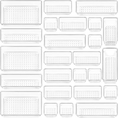 Juego de 25 piezas de organizadores de cajones de plástico transparente, 4 tamaños versátiles para baño y tocador, bandejas de organización para maquillaje, dormitorio, gadgets de cocina, utensilios y oficina.