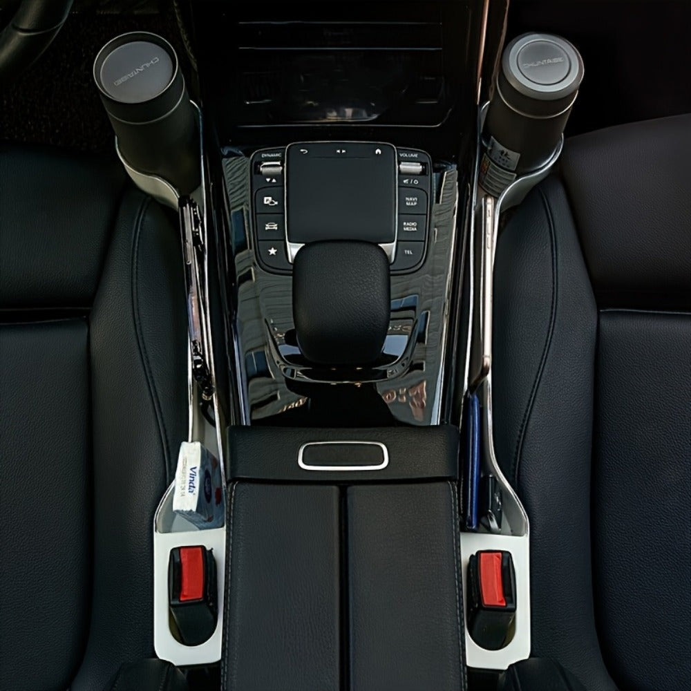 Pack de 2 Organizadores para Espacios del Asiento del Coche - Caja de Almacenamiento Multifuncional con Portavasos, Ranuras para Teléfono y Bolígrafos, Diseño Ergonómico en Plástico Duradero para el Frente