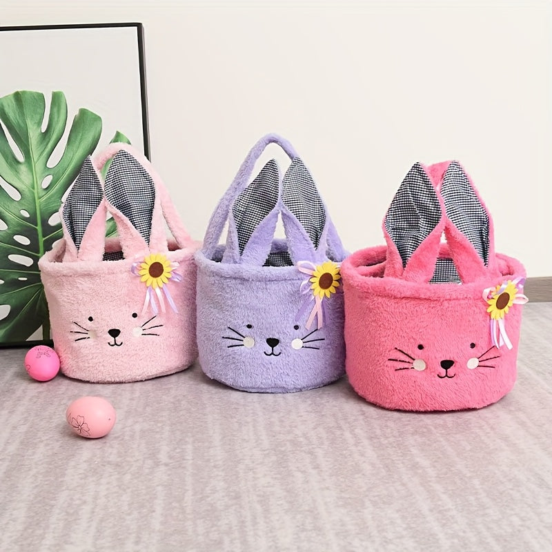 Celebración en Casa, Cestas de Conejito de Pascua para Niños - Almacenamiento de Huevos de Tela Peluda con Diseño de Conejo Lindo, Rosa y Morado, Forma Rectangular para Recuerdos de Fiesta y Decoraciones, Juguetes de Conejo