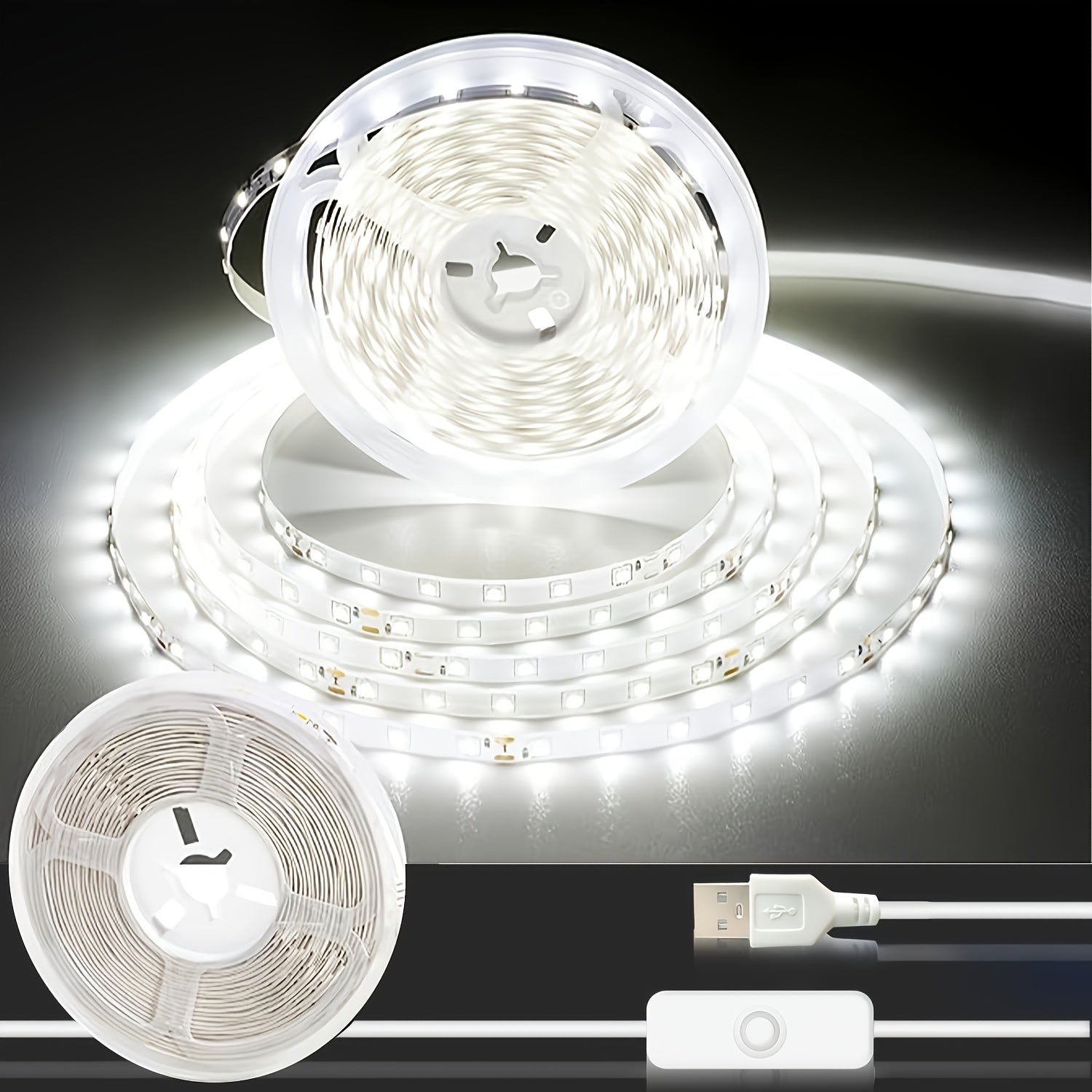 Tira de luces LED regulable de 4.88 a 15.24 metros, alimentación por USB con control de botón, blanco cálido/frío, fácil instalación para decoración de dormitorio, armario o cocina, luces LED para habitación