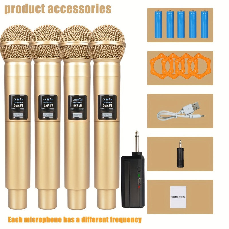 4piezas Micrófono inalámbrico dinámico de mano doble dorado Karaoke con receptor recargable para boda fiesta discurso club escuela reunión