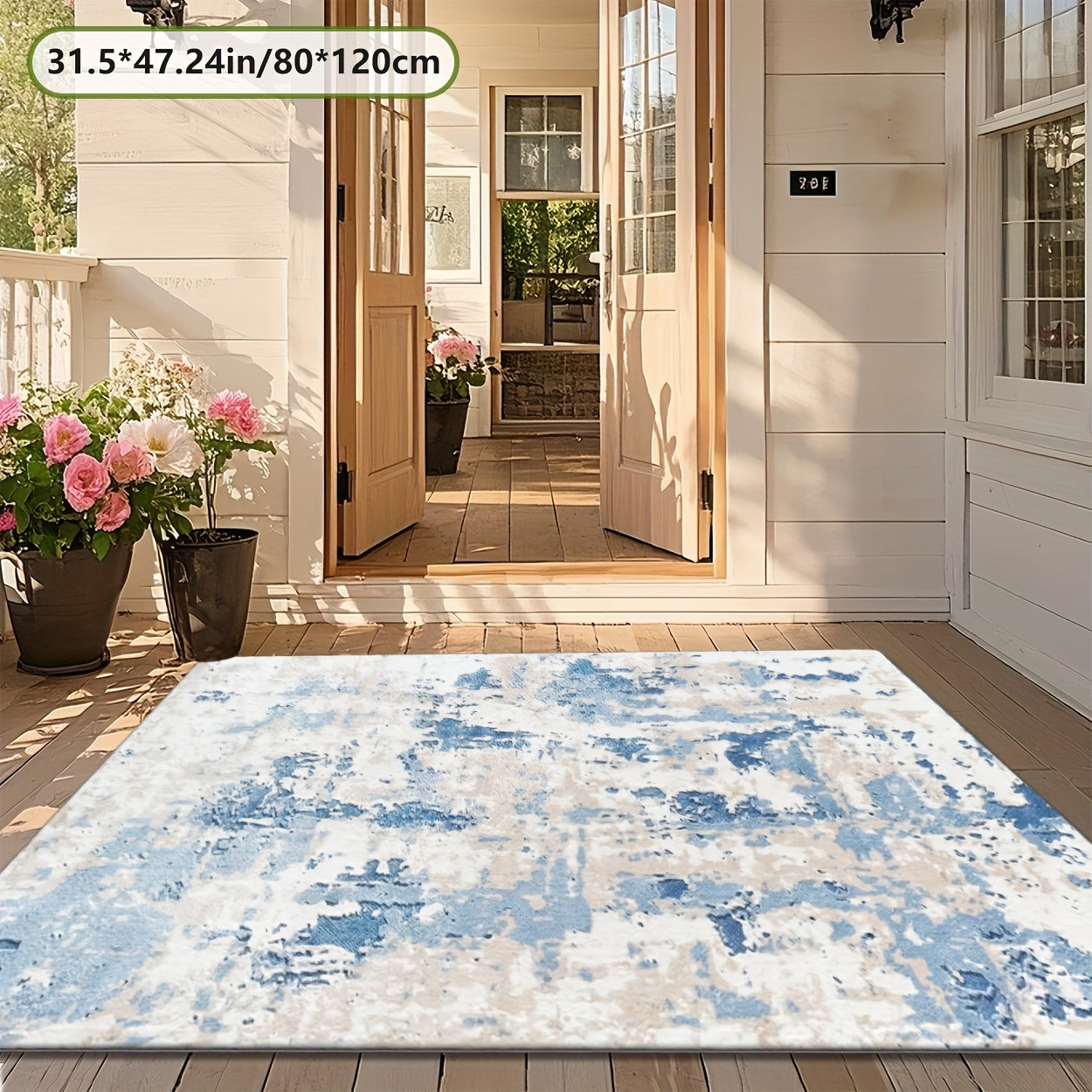 ZULIDA Alfombra Vintage Azul y Blanco con Patrón Desgastado para Exteriores - Lavable en Máquina, Alfombra Rectangular de Poliéster para Patio, Sala de Estar, Dormitorio y más - Disponible en Varios Tamaños, Decoración de Patio | Estilo Vintage | Poliést