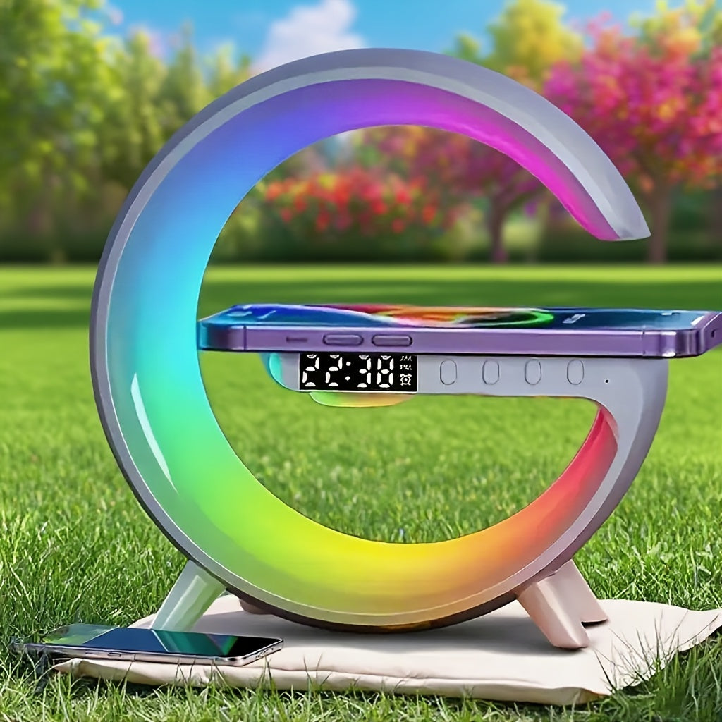 Altavoz sin varillas Moderno Multifuncional con Lámpara de Escritorio Ambiental RGB, Tira LED Colorida, Carga Inalámbrica, Función de Reloj Despertador y Reproducción TF Card, Ideal para Dormitorio, Estudio o Área de Trabajo, Luz Portátil Ajustable, Lámp