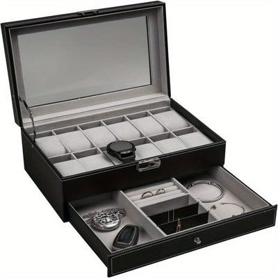 1 Pieza, Caja De Almacenamiento De Reloj Con Cerradura De Cuero PU De 12 Ranuras, Caja De Exhibición De Joyería Para Hombres Y Mujeres Con Cajón, Caja De Exhibición De Gafas De Reloj De 2 Capas Con Cubierta De Vidrio
