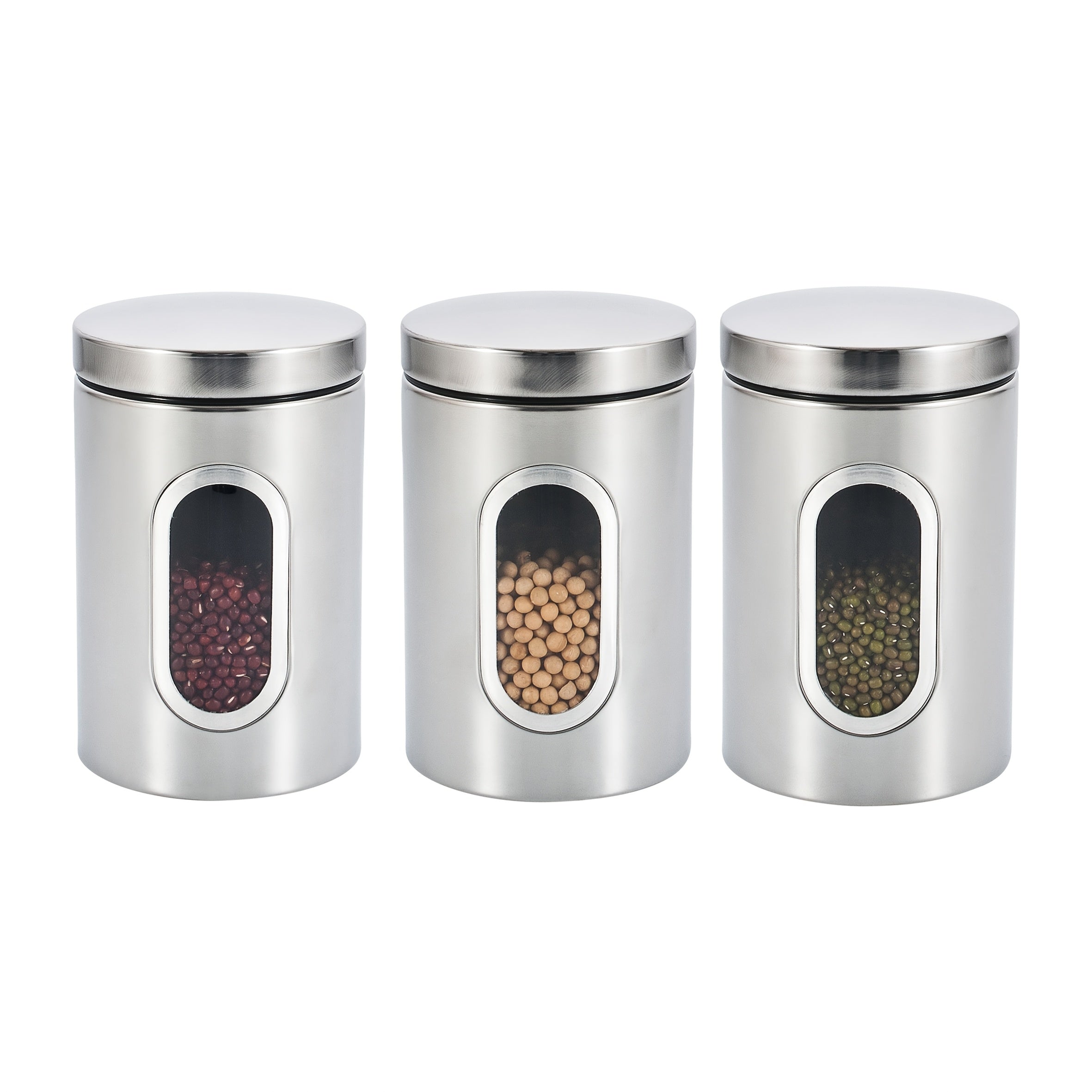 3 contenedores de acero inoxidable con ventana visible - Ideales para café, té, azúcar y granos - Reutilizables, organizador redondo de cocina con tapas abatibles, solución de almacenamiento para cocina|Vajilla moderna|Vajilla duradera