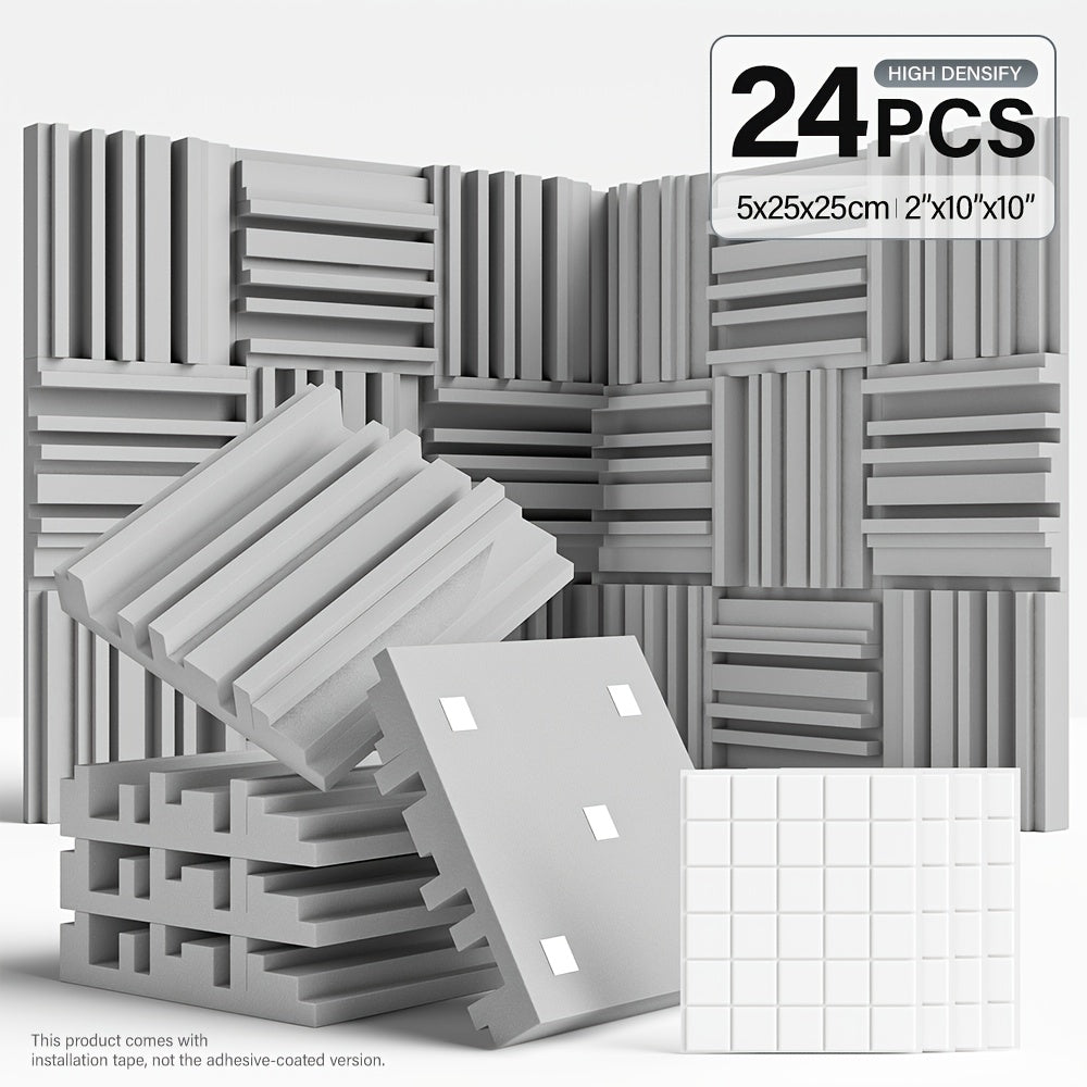 24 piezas de paneles de espuma acústica de alta densidad - 10x10x2/12x12x2 pulgadas, paneles de aislamiento acústico negros y blancos con adhesivo de doble cara para estudio, cine en casa, KTV - Instalación fácil, reducción de ruido, paneles de aislamien