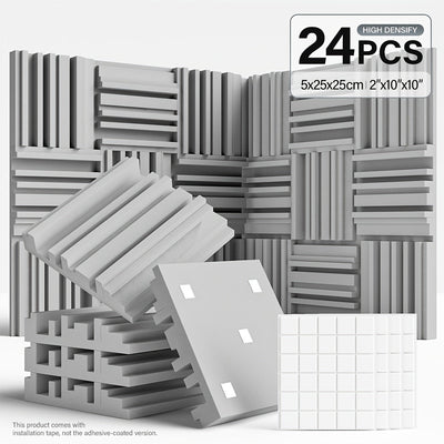 24 piezas de paneles de espuma acústica de alta densidad - 10x10x2/12x12x2 pulgadas, paneles de aislamiento acústico negros y blancos con adhesivo de doble cara para estudio, cine en casa, KTV - Instalación fácil, reducción de ruido, paneles de aislamien