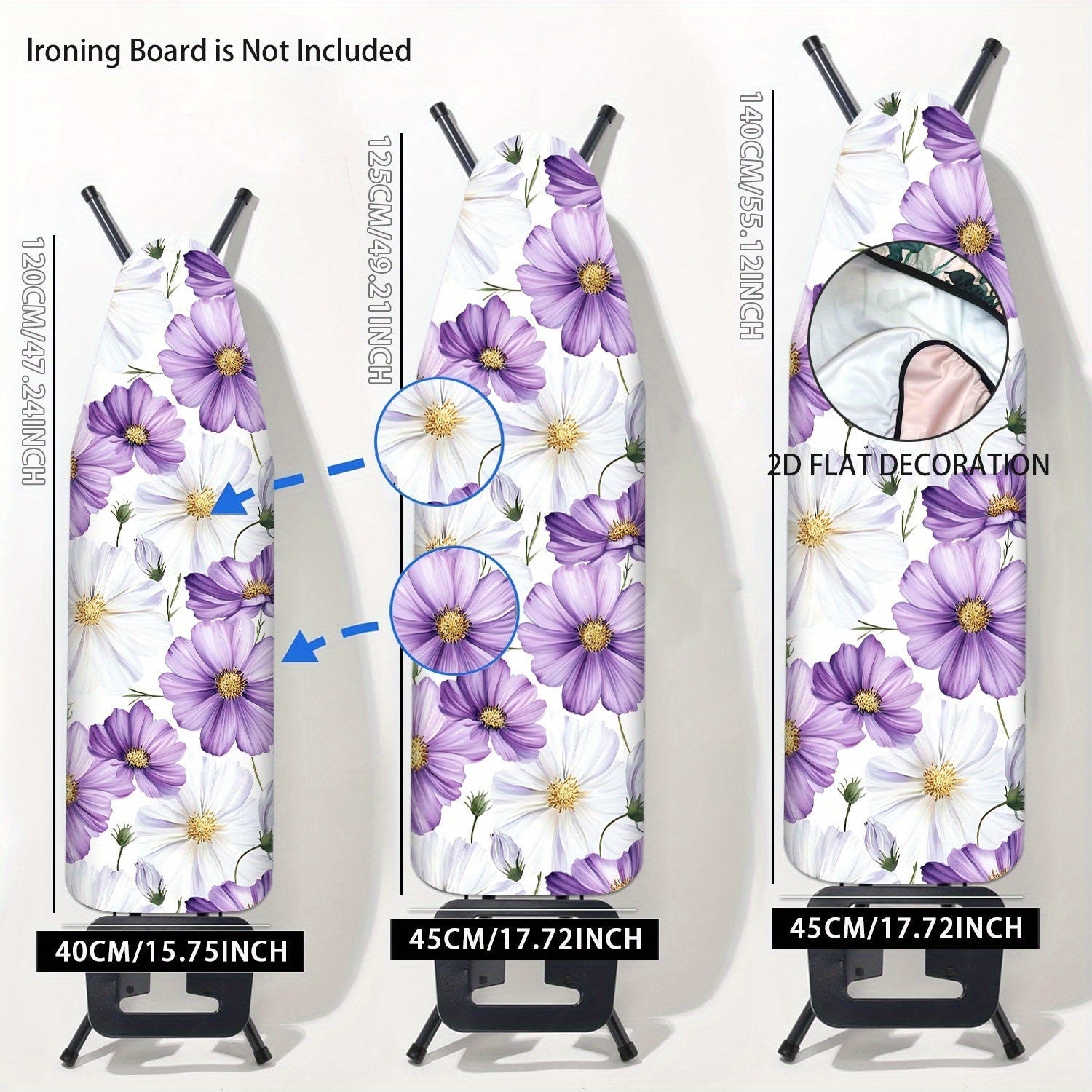 Funda de tabla plana de hierro de alta resistencia con diseño floral - Tamaño estándar, relleno completo, bordes elásticos, lavable en máquina, no incluye tabla plana, accesorio para habitación de lavado, decoración de habitación de lavado, 2D plana