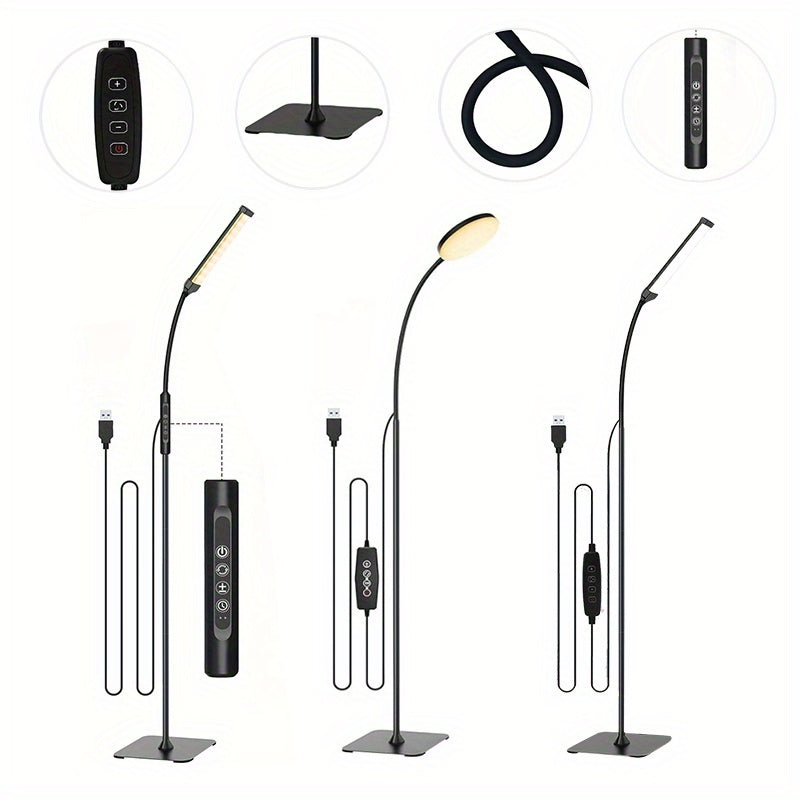 Yogle Lámpara de Pie LED Moderna con Rotación 360° y Brillo Ajustable, Control Remoto USB, 3 Temperaturas de Color, Diseño Cuello de Ganso & Base Metálica Resistente para Sala de Estar, Dormitorio, Estudio - /Blanco, Iluminación Minimalista, Posicionamie