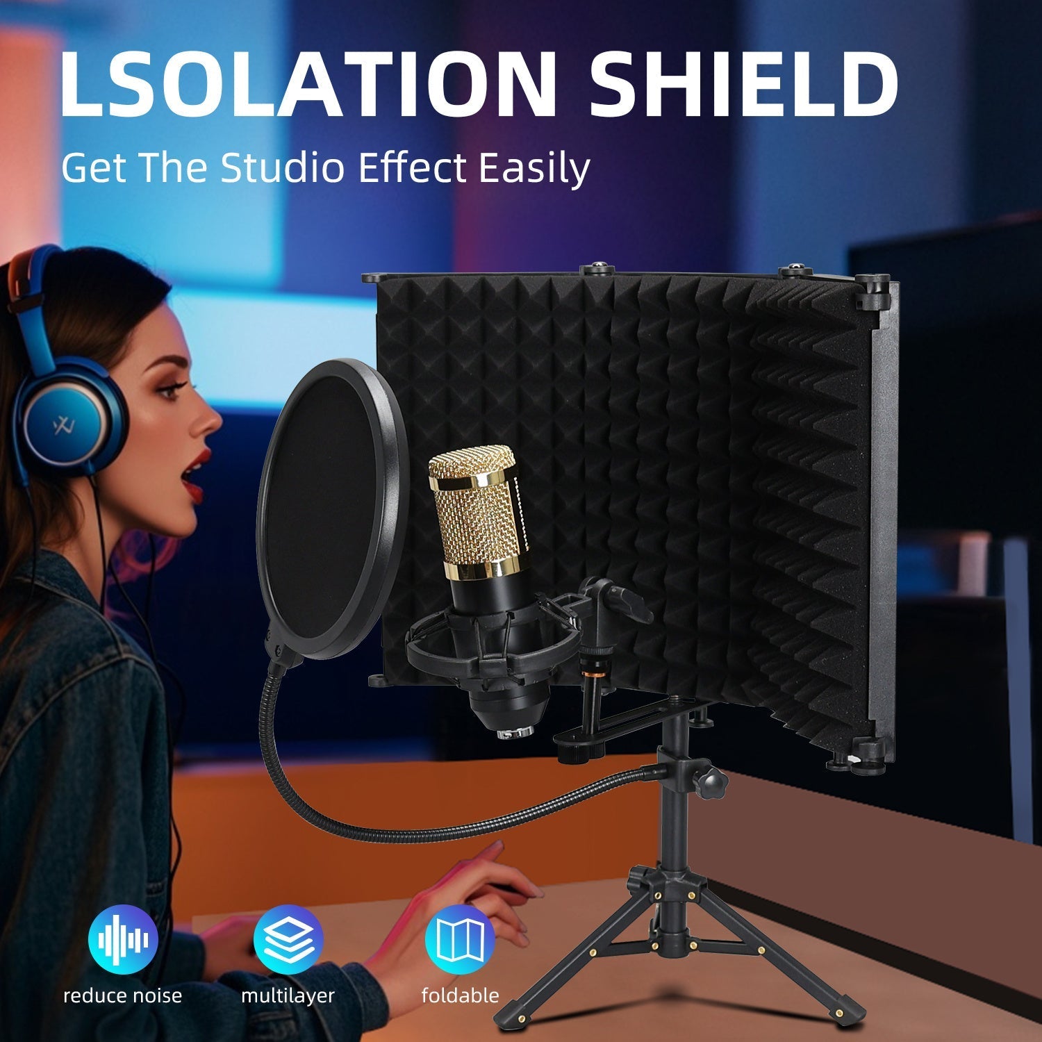 Kit de protección de grabación portátil con trípode - pantalla de aislamiento de micrófono ABS, espuma absorbente de sonido plegable de 3 puertas, malla preventiva de explosión, soporte sin carga para reducción de ruido en estudio y campo