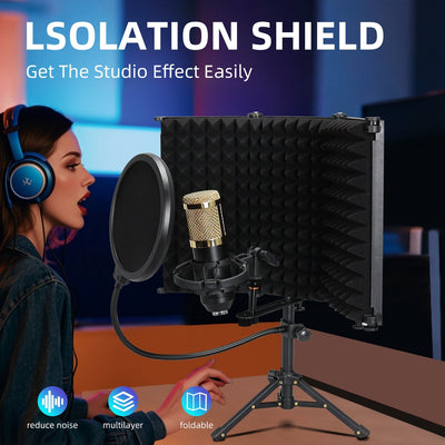 Kit de protección de grabación portátil con trípode - pantalla de aislamiento de micrófono ABS, espuma absorbente de sonido plegable de 3 puertas, malla preventiva de explosión, soporte sin carga para reducción de ruido en estudio y campo
