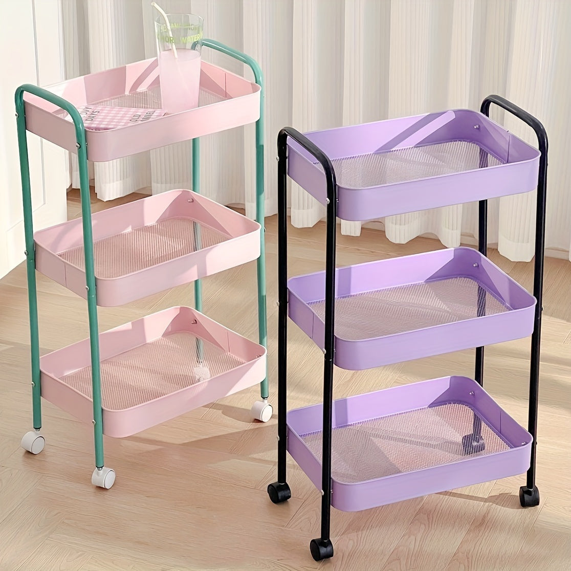 Carrito organizador rodante de 3 niveles, gran capacidad, estructura de acero al carbono, estilo glam, multiusos para el hogar y la oficina, con canastas