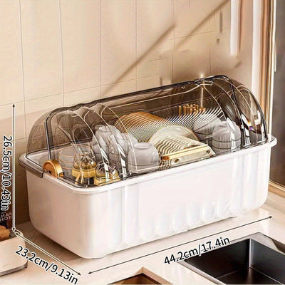 Gabinete de almacenamiento de platos y tazas de plástico para cocina, con estante de drenaje de platos y tazas a prueba de polvo, con tapa y ranura de almacenamiento de vajilla, gabinete multifuncional de almacenamiento de platos y tazas con placa de dre