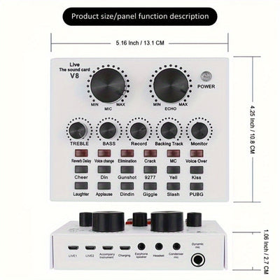 Interfaz de sonido V8 con cambiador de voz - Alimentado por USB, batería recargable de 500mAh, tarjeta de sonido negra ABS para grabación de PC, canto, transmisión y juegos, incluye micrófono y jacks de auriculares, tarjeta de sonido para juegos | Tarjet