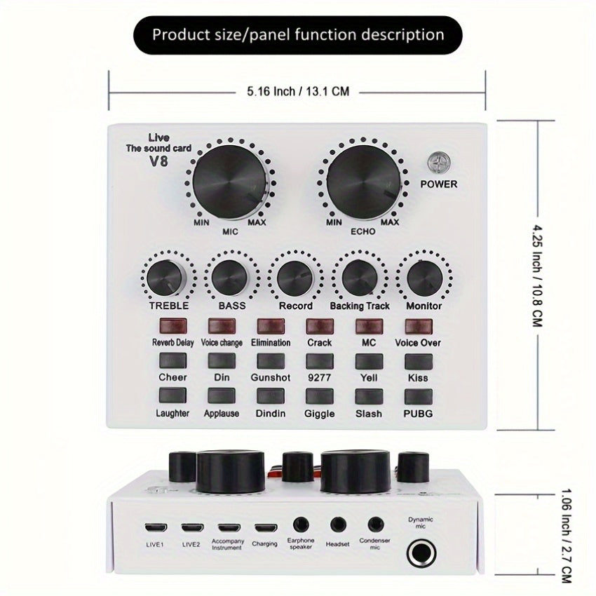 Interfaz de sonido V8 con cambiador de voz - Alimentado por USB, batería recargable de 500mAh, tarjeta de sonido negra ABS para grabación de PC, canto, transmisión y juegos, incluye micrófono y jacks de auriculares, tarjeta de sonido para juegos | Tarjet