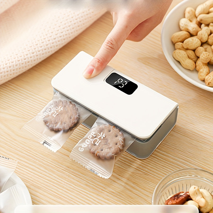 1 pieza de sellador de alimentos portátil recargable por USB con batería de litio de 1600 mAh - Preservador de snacks inalámbrico, a prueba de humedad, con pantalla ajustable de 6 niveles, temporizador de conteo, para interruptor y indicador de sellado c
