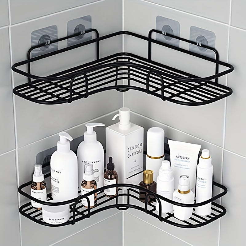 1 pieza de soporte de ducha de esquina sin taladro, estante de baño de metal - soporte de almacenamiento de inodoro montado en la pared, organizador de cosméticos con estantes ajustables, ideal para productos de ducha y maquillaje, solución de almacenami