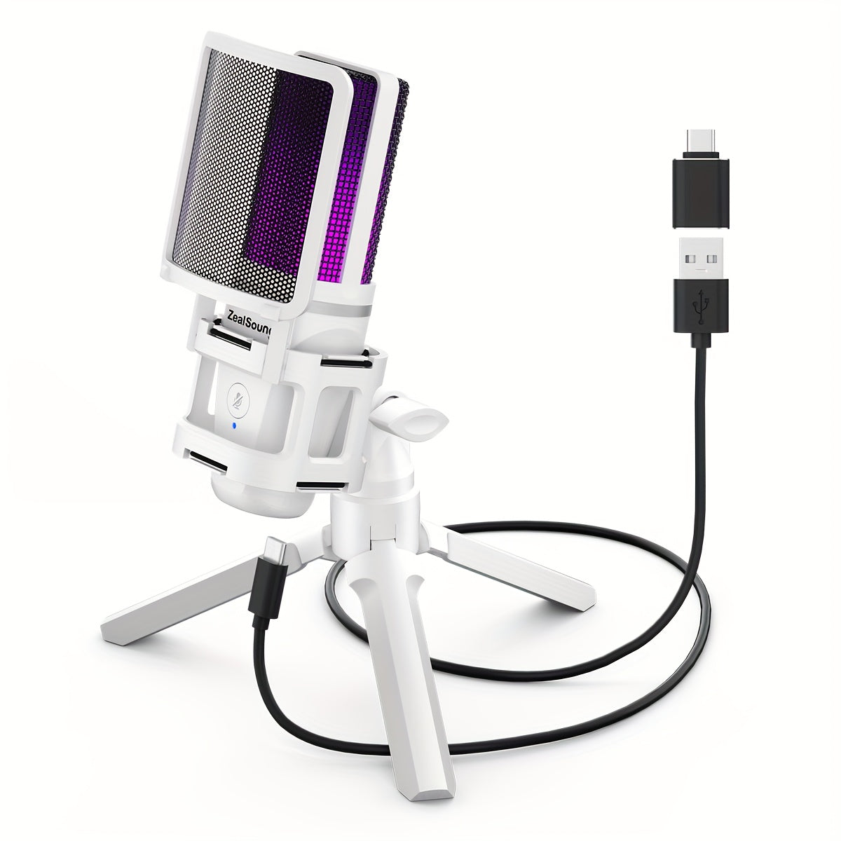 Micrófono de condensador USB Zealsound con iluminación RGB, Plug-and-Play, compatible con PCs, PS4 y PS5, Mac, teléfonos móviles, perfecto para Discord, Zoom, grabación, incluye adaptador Type-C, botón silencioso, soporte trípode, filtro pop y soporte an